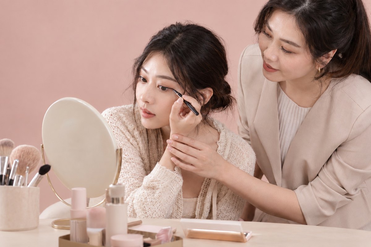 學員對著小鏡子練習畫眼線，老師在旁邊扶著她的手腕