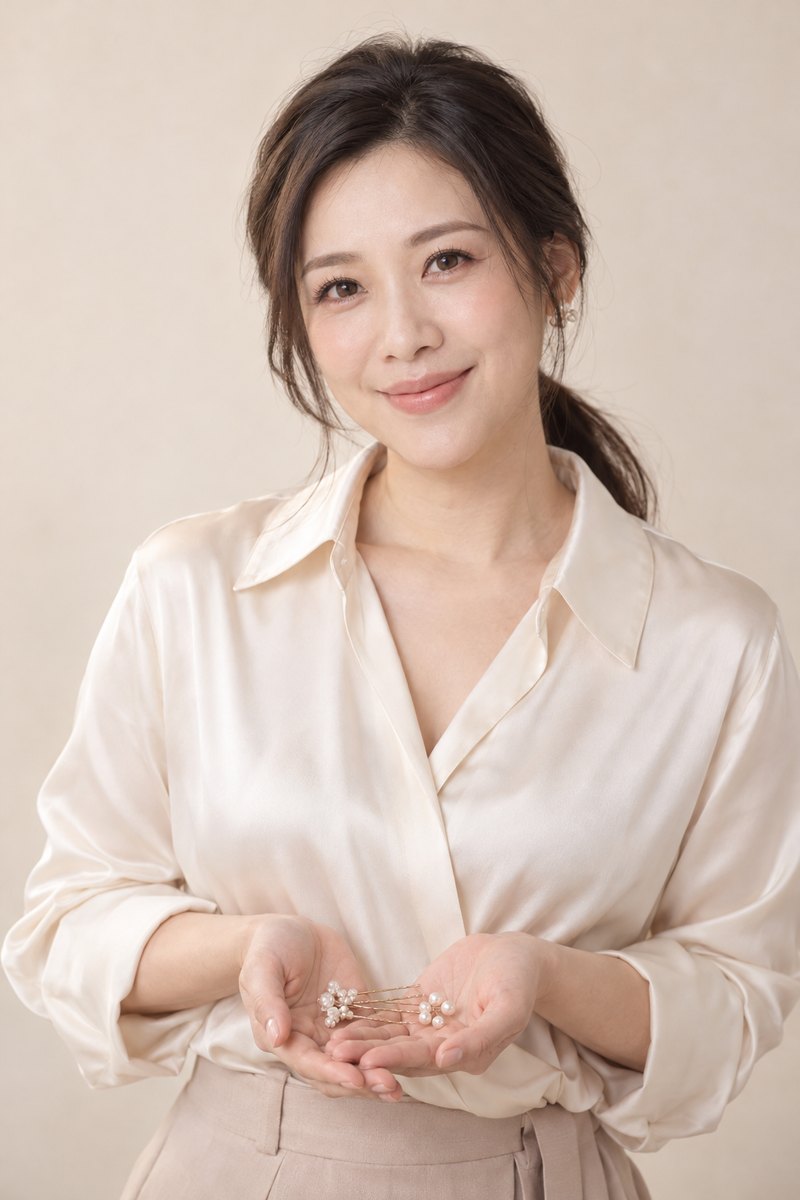 蘇曼寧老師手上拿著珍珠髮夾