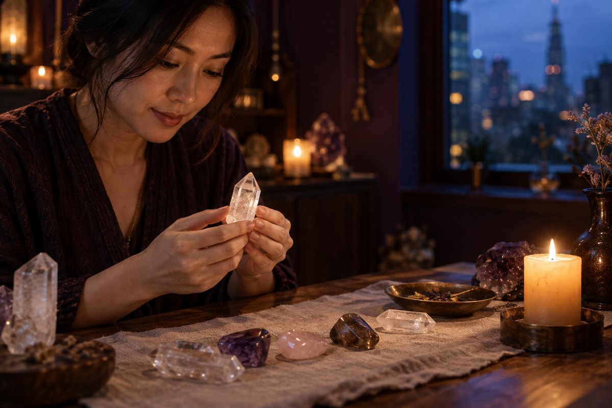 雙手拿著一支白水晶，下方的亞麻布上排著幾顆小礦石