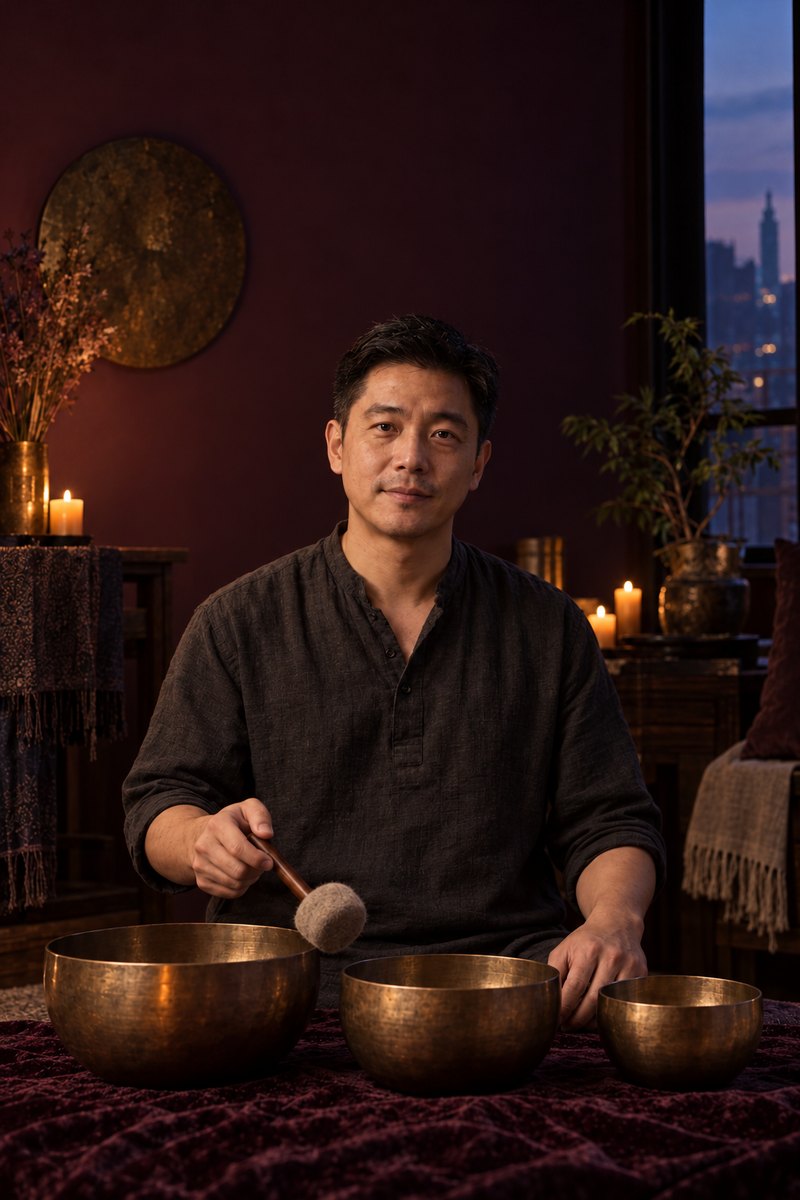 何以澄坐在三只頌缽後面，手拿缽槌