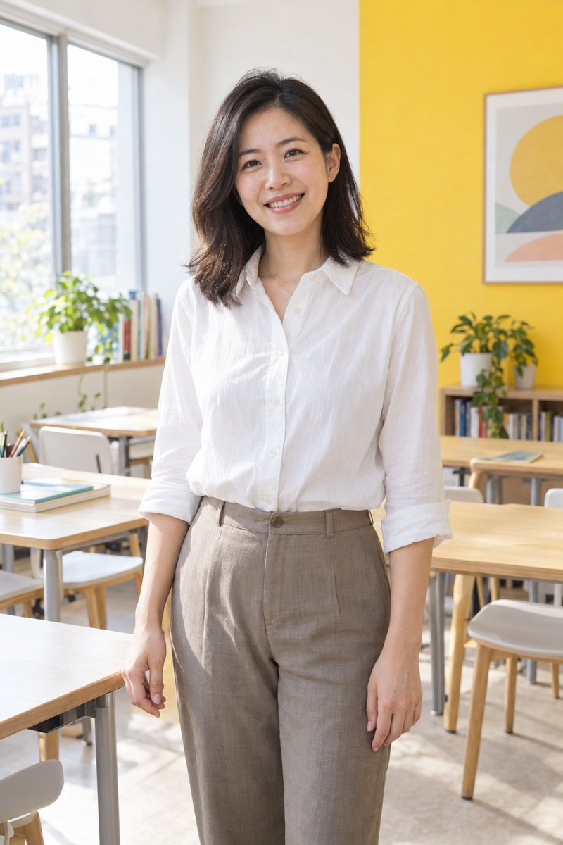 王思妤老師站在教室黃色牆邊微笑