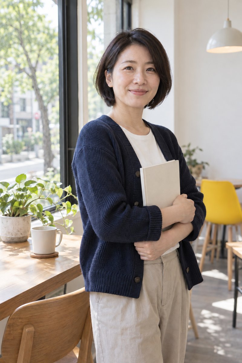 高橋美咲老師抱著筆記本站在窗邊