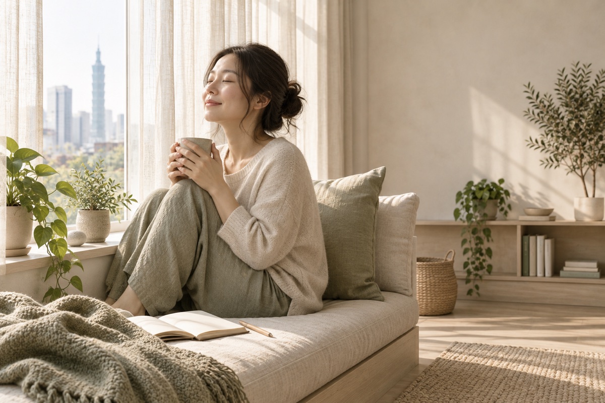 坐在窗邊、雙手捧著熱茶閉眼呼吸的女生