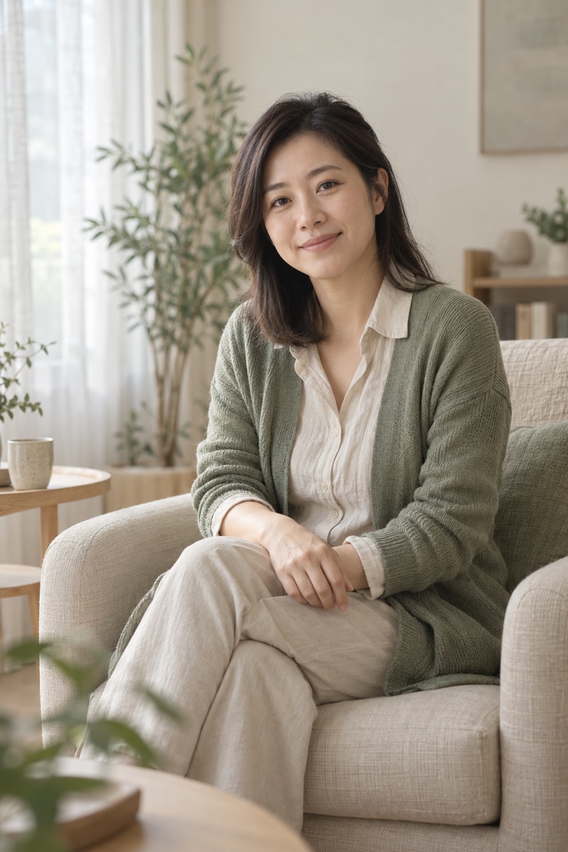 林予安心理師坐在諮商室的亞麻扶手椅上